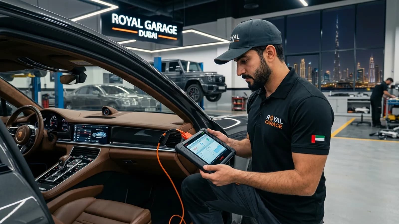 Amber check engine light on a car dashboard with a diagnostic scanner being connected