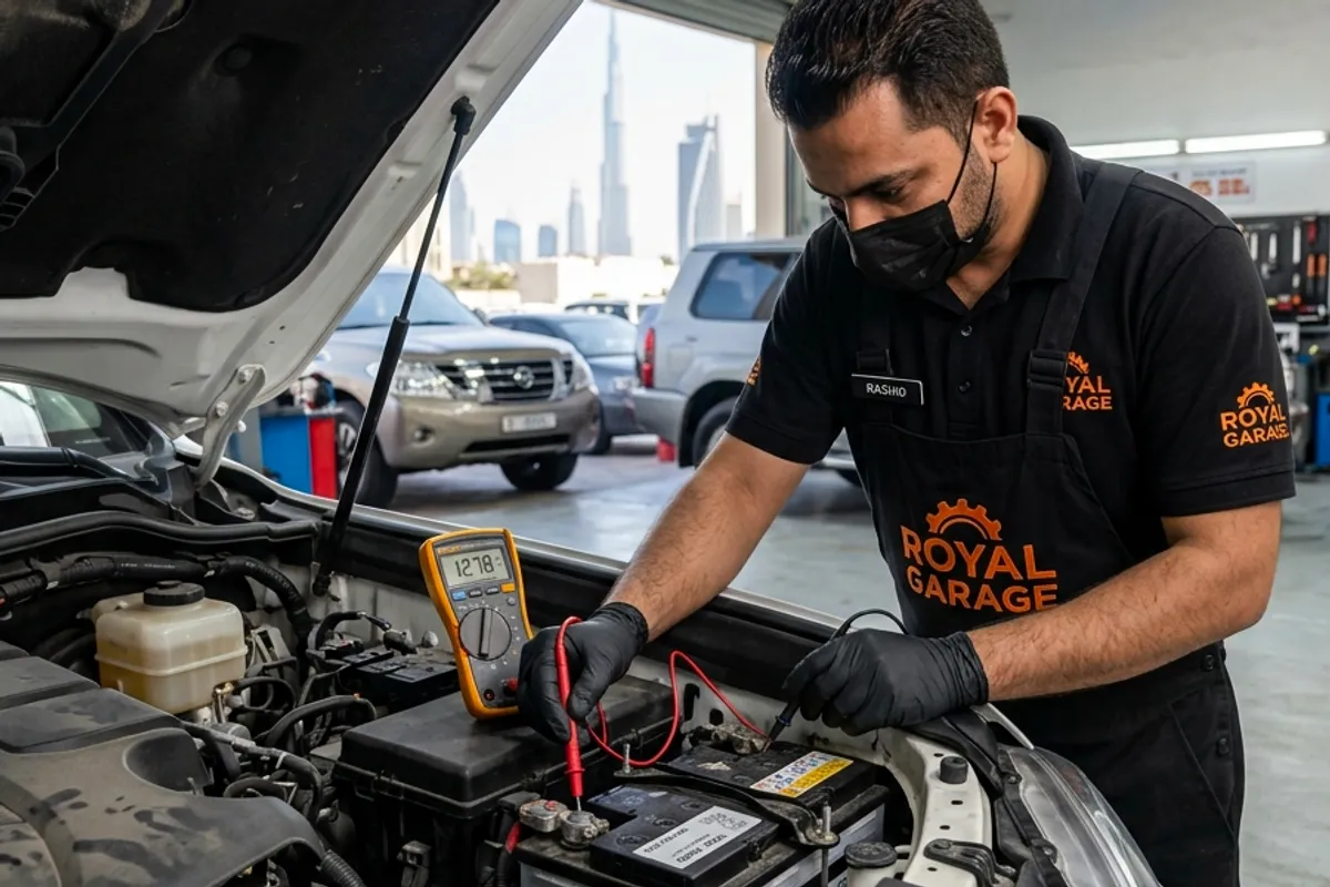 Multimeter testing a car battery's voltage to check the charging system