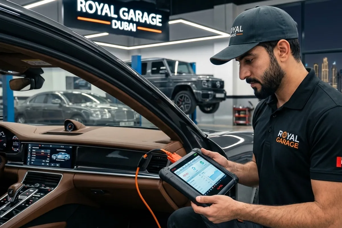 Technician running a dealer-level diagnostic scan on a car