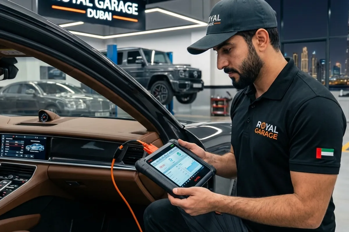 Diagnostic tablet connected to a sports car during a scheduled service