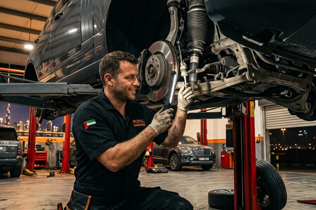 Technician inspecting an off-road SUV's front axle and steering before desert season